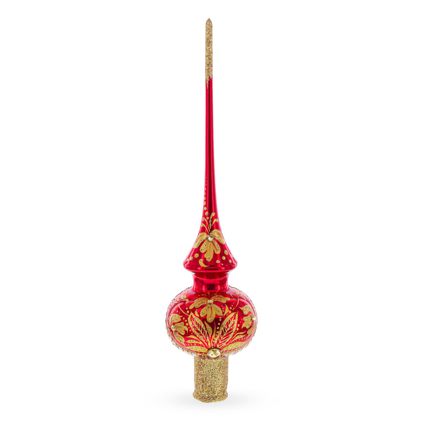 Glass Golden Flowers Bouquet on Glossy Red Mouth Blown Glass Christmas Tree Topper 11 Inches in Red color Triangle