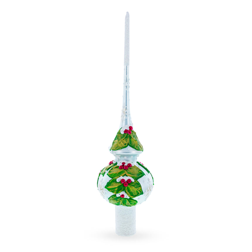 Glass Dimensional Red Berries with Leaves on White Blown Glass Christmas Tree Topper 11 Inches in White color Triangle