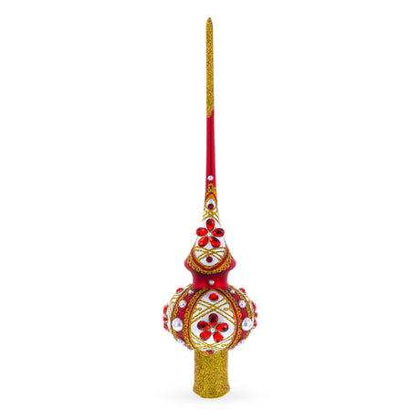 Glass Dimensional Red Jewels and White Pearls on Red Blown Glass Christmas Tree Topper 11 Inches in Multi color Triangle