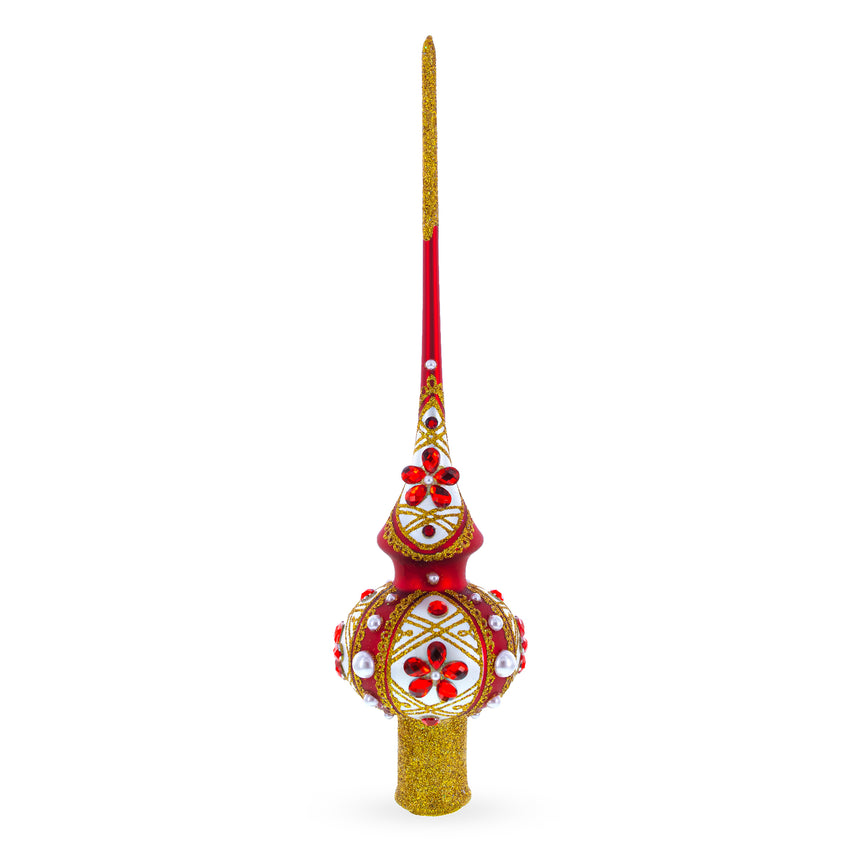 Glass Dimensional Red Jewels and White Pearls on Red Blown Glass Christmas Tree Topper 11 Inches in Multi color Triangle