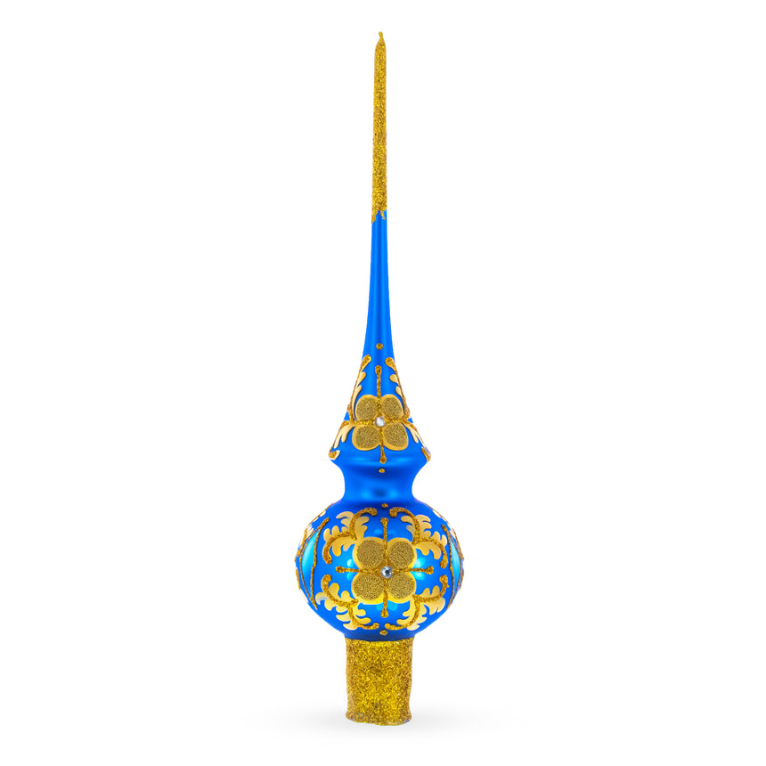 Glass Jeweled Golden Leaves on Blue Blown Glass Christmas Tree Topper 11 Inches in Blue color Triangle