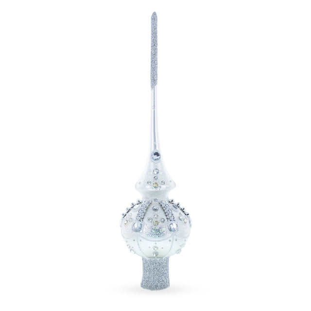 Glass White Jewels on Silver Blown Glass Christmas Tree Topper 11 Inches in White color Triangle