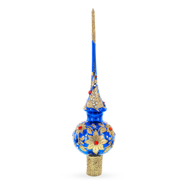 Glass Royal Blue and Gold Floral Majesty Glass Christmas Tree Topper 11 Inches in Blue color Triangle