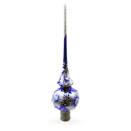 Glass Elegant Cobalt Bloom with Glittering Accents Glass Christmas Tree Topper in Blue color Triangle