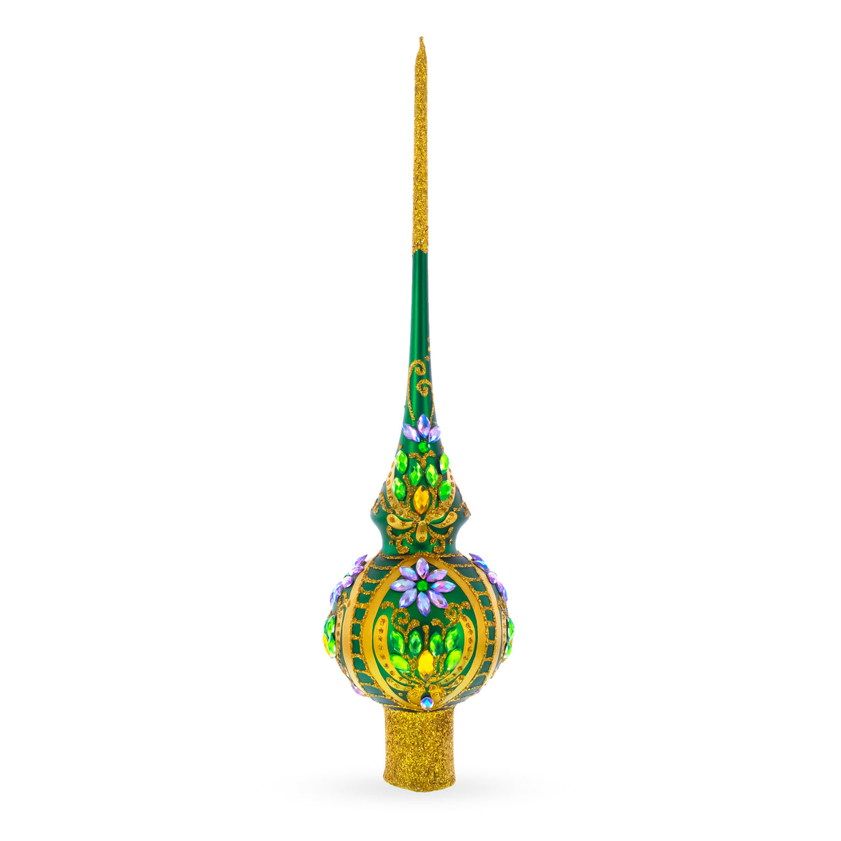 Glass Enchanted Emerald Jeweled Green Blown Glass Christmas Tree Topper 11 Inches in Green color Triangle