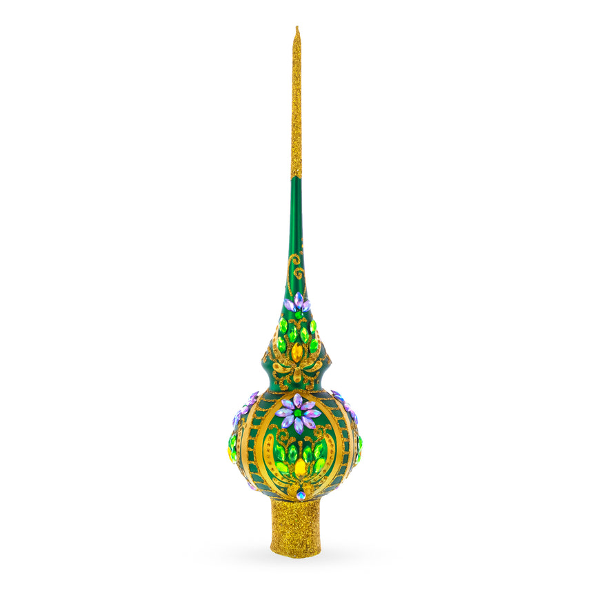 Glass Enchanted Emerald Jeweled Green Blown Glass Christmas Tree Topper 11 Inches in Green color Triangle