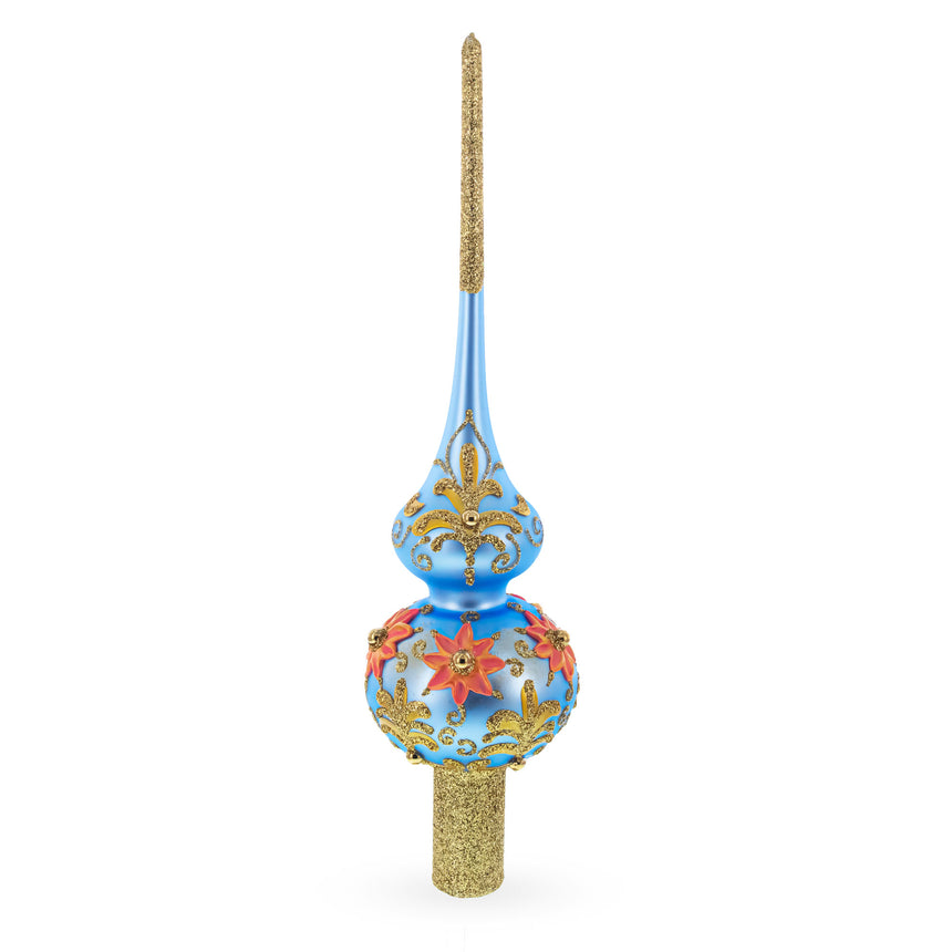 Glass Exquisite Blue and Gold Floral Glass Tree Topper in Blue color Triangle