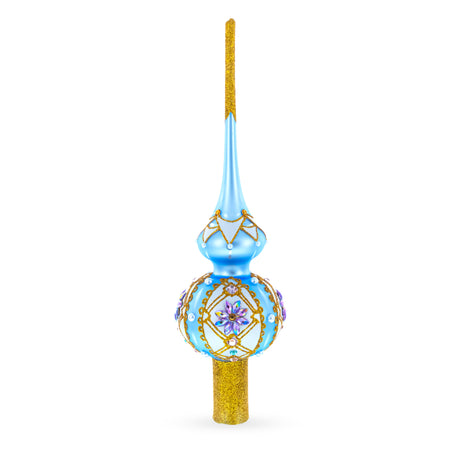 Glass Elegant Blue and Purple Jewel-Encrusted Blown Glass  Tree Topper 11 Inches in Blue color Triangle