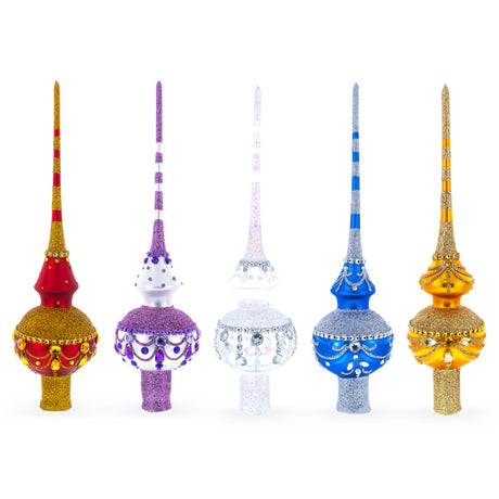 Dimensional Jeweled Purple Chandelier on White Blown Glass Christmas Tree Topper 11 InchesUkraine ,dimensions in inches: 11 x 2.75 x 2.75