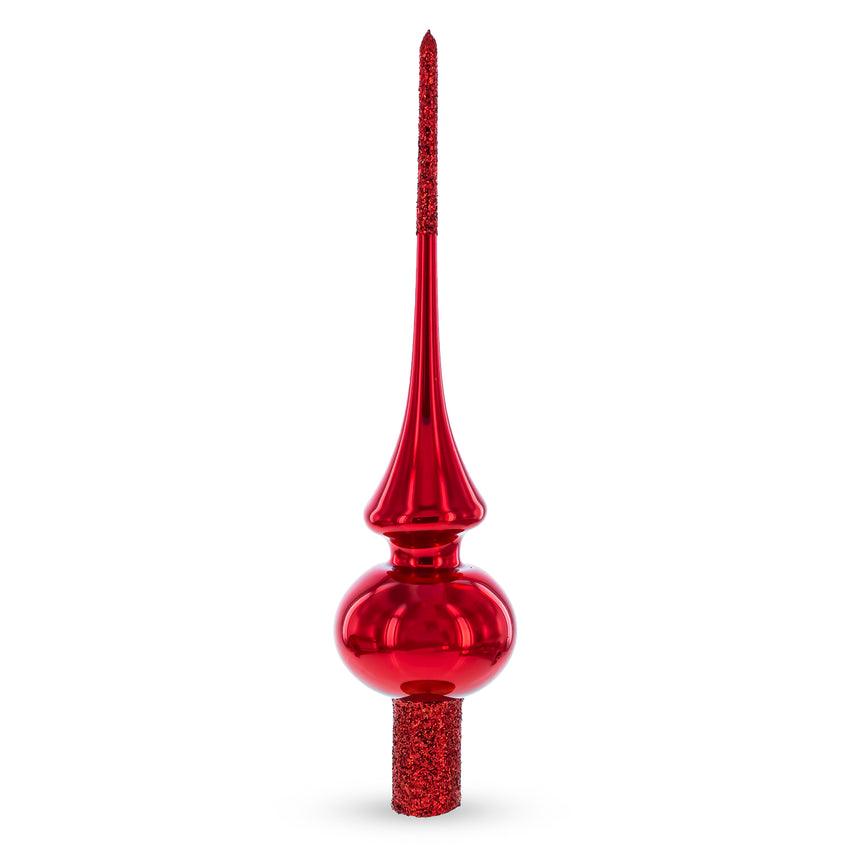 Glass Glossy Red with Sparkling Top Mouth Blown Glass Christmas Tree Topper 11 Inches in Red color Triangle