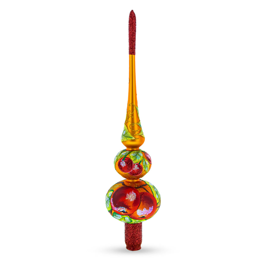 Glass Peaches on Gold Mouth Blown Glass Christmas Tree Topper 12.5 Inches in Red color Triangle