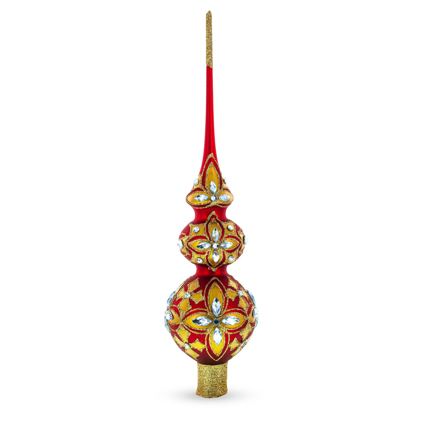 Glass Diamond Stars Double Ball Mouth Blown Glass Christmas Tree Topper 16 Inches in Red color Triangle