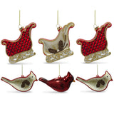 Glass Set of 6 Cardinals Birds and Sleighs Glass Christmas Ornaments 4 Inches in Multi color