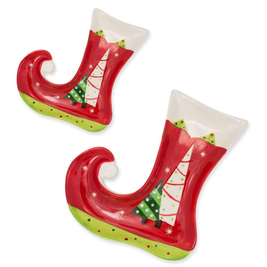 Plastic Set of 2 Christmas Stockings Shape Ceramic Plates Serving Trays in Red color