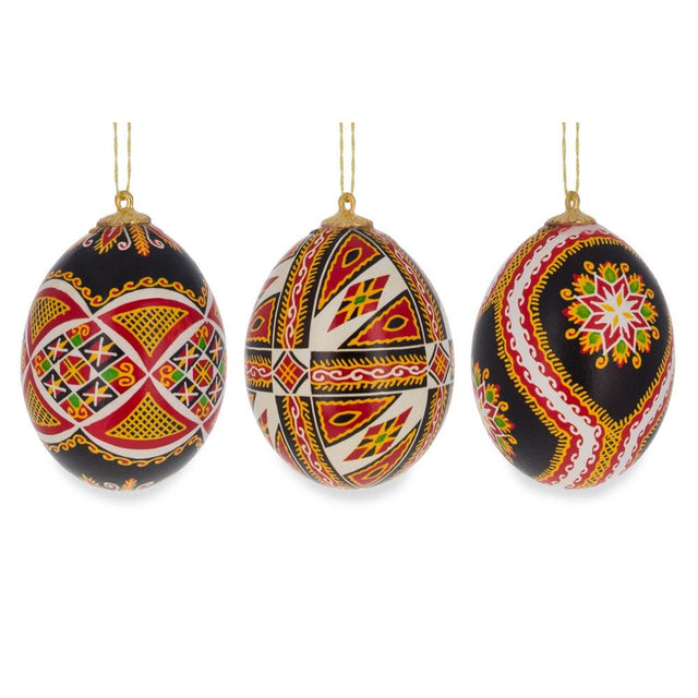 Eggshell Set of 3 Authentic Blown Real Eggshell Ukrainian Easter Egg Pysanka Ornaments in Red color Oval