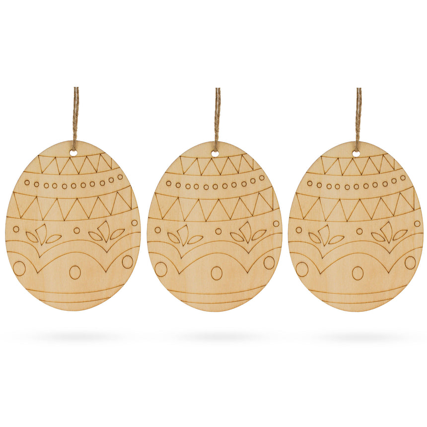 Wood Set of 3 Easter Egg Unfinished Wooden Ornament 4.3 Inches in Blue color Oval