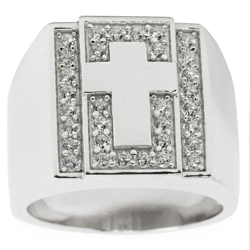 Sterling Silver Cross on Crystals Sterling Silver Men's Ring (Size 9) in Silver color