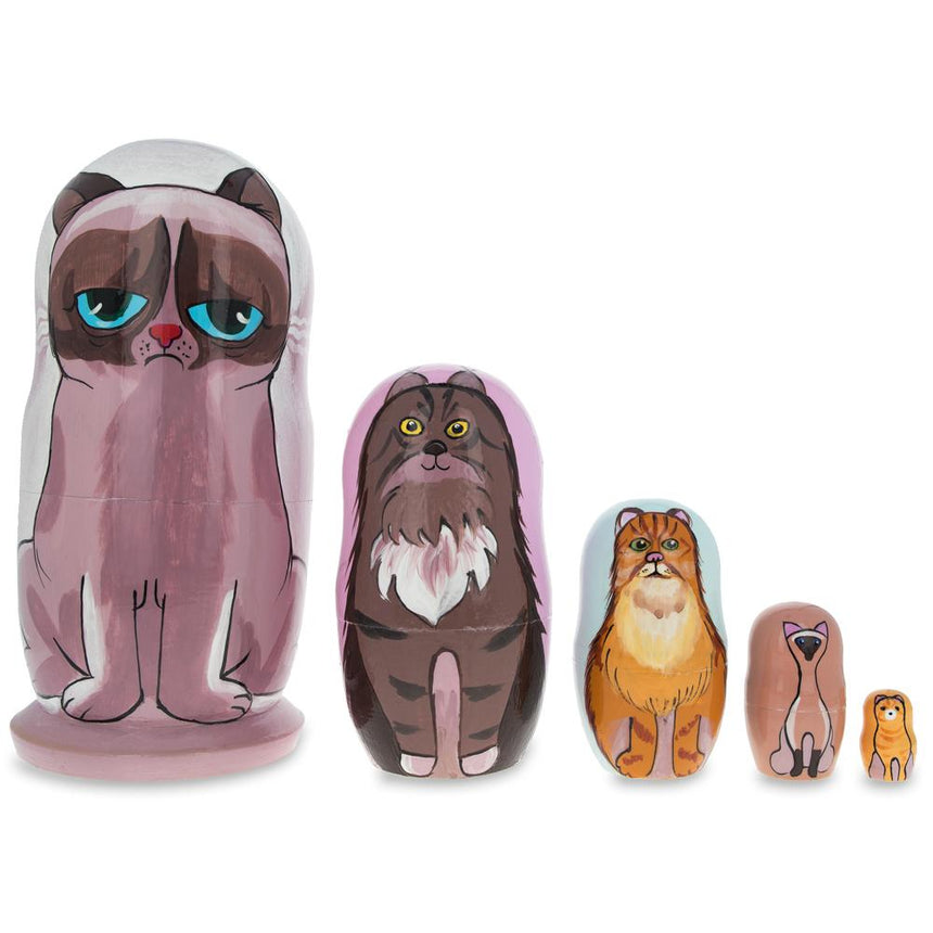 Wood Sad Cat & Friends Wooden Nesting Dolls 5.75 Inches in Multi color