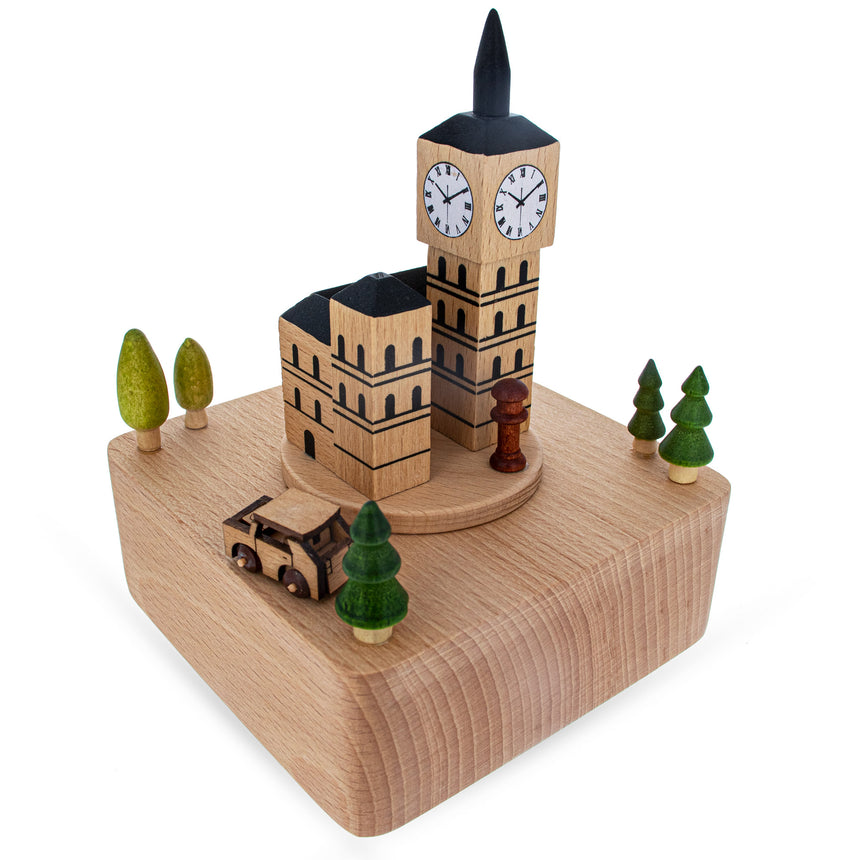 Wood Big Ben, London Musical Figurine with Moving Magnetic Car in Brown color