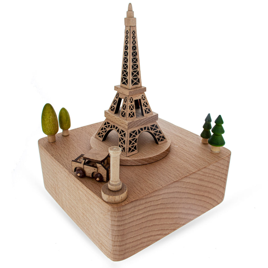 Wood Eiffel Tower, Paris, France Wooden Musical Figurine with Moving Car in Brown color Square