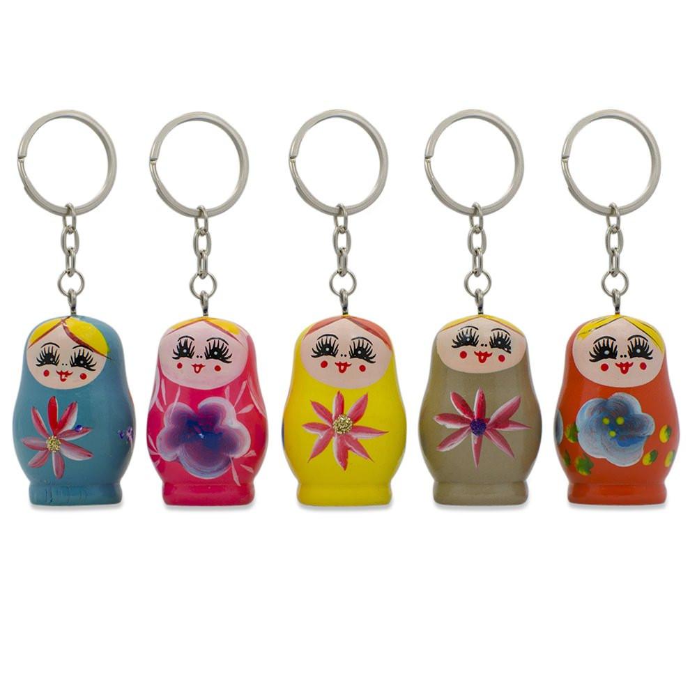 Set of 5 Wooden Dolls Matryoshka Key Chain Charms 1.5 Inches