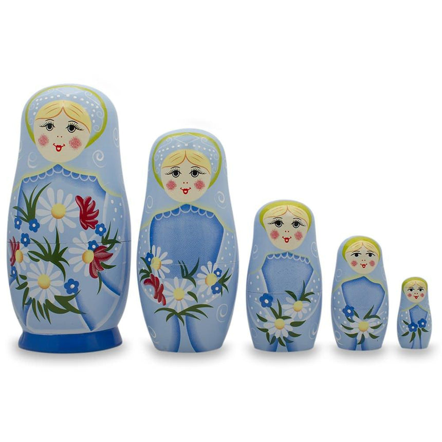 Wood 5 Girls with Daisy Flowers & Blue Skirt Wooden Nesting Dolls 6 Inches in Blue color