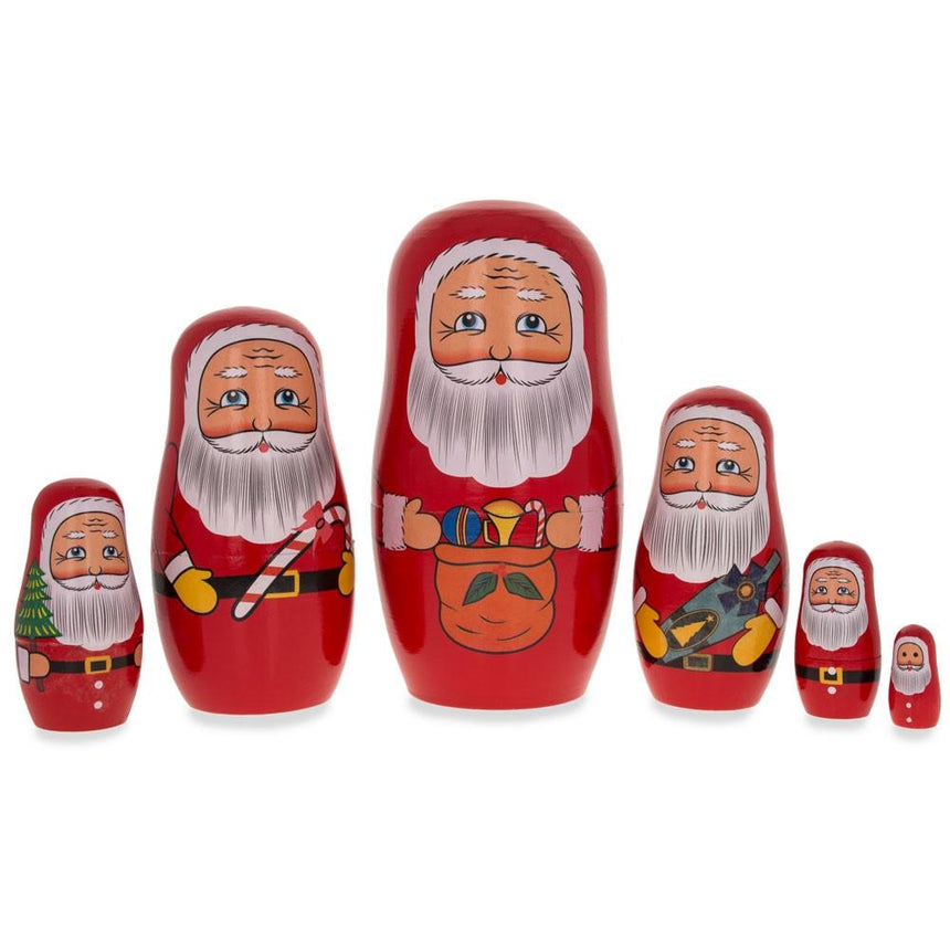 Wood Set of 6 Santa with Christmas Gifts Wooden Nesting Dolls 5.5 Inches in Red color