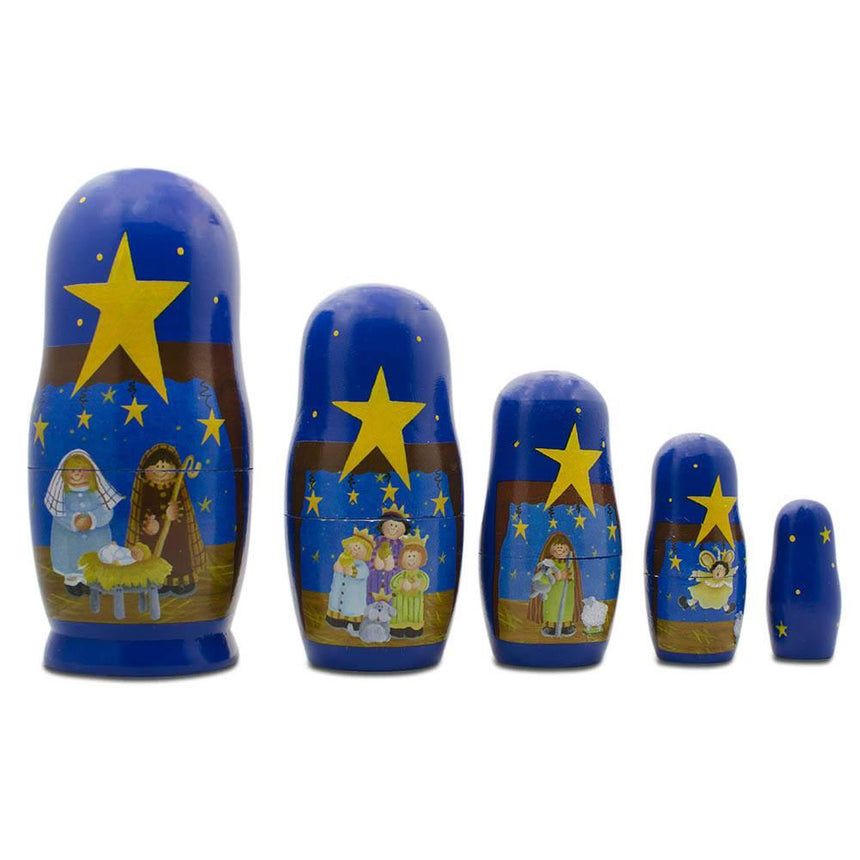 Wood Set of 5 Nativity Scene Set Wooden Nesting Dolls 5.75 Inches in Blue color