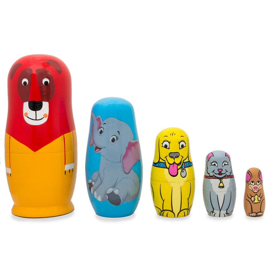 Wood 5 Animals Lion, Elephant, Dog & Cat Wooden Nesting Dolls 5.75 Inches in Orange color