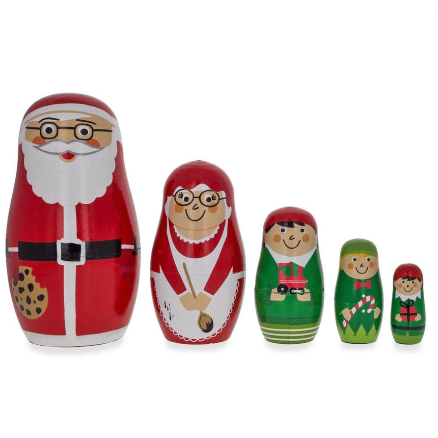 Wood Set of 5 Santa, Mrs. Claus, Elf & Snowman Wooden Nesting Dolls 4.75 Inches in Red color