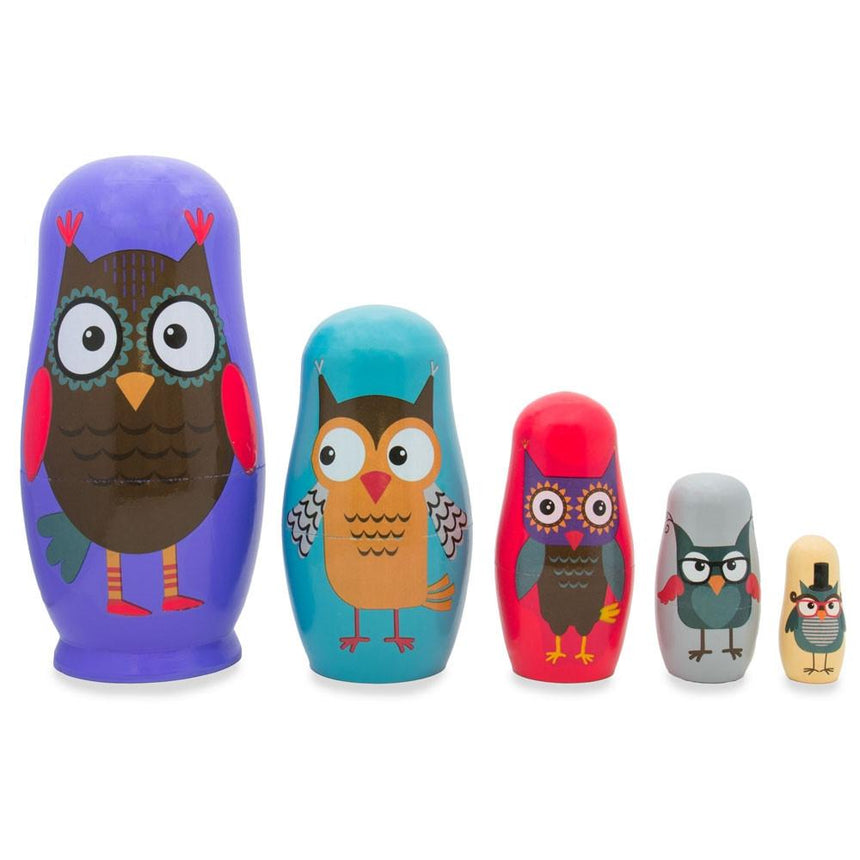 Wood Set of 5 Wise Owls Family Wooden Nesting Dolls 5.75 Inches in Purple color