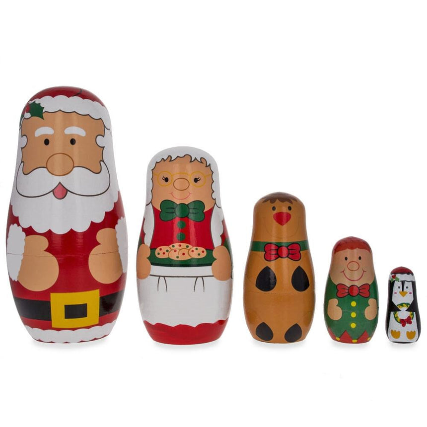 Wood Santa Claus, Mrs. Claus, Reindeer, Elf Wooden Nesting Dolls 6 Inches in Red color