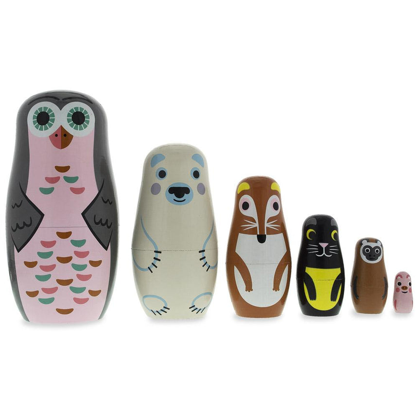 Wood Set of 6 Animals Wooden Nesting Dolls- Owl, Bear, Fox, Cat, Monkey, Pig in Pink color