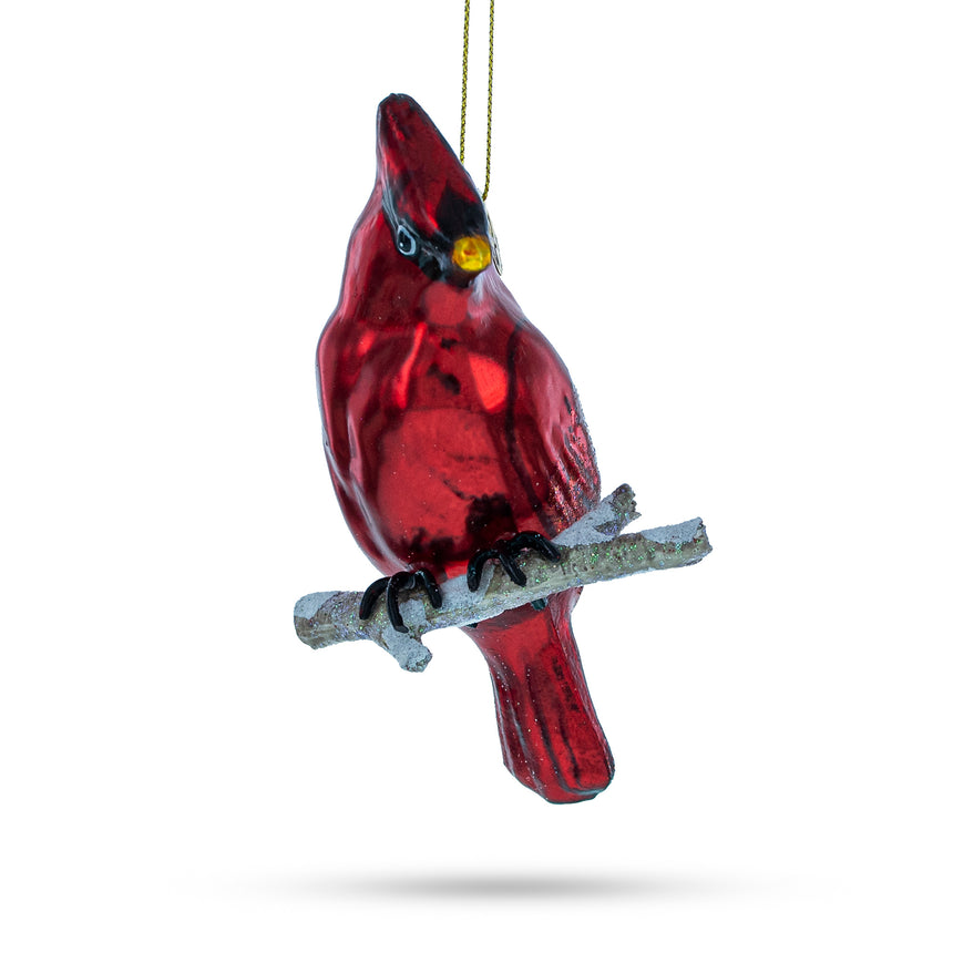 Glass Exquisite Cardinal on Branch Blown Glass Christmas Ornament in Red color