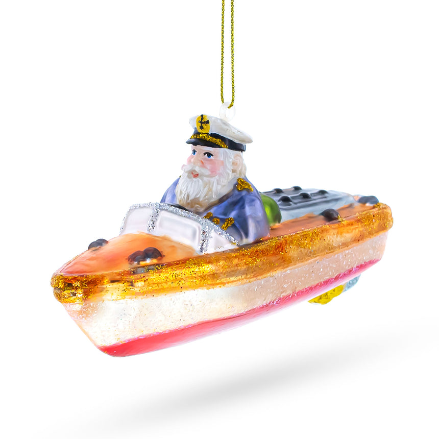 Glass Captain Santa on a Boat Glass Christmas Ornament in Multi color