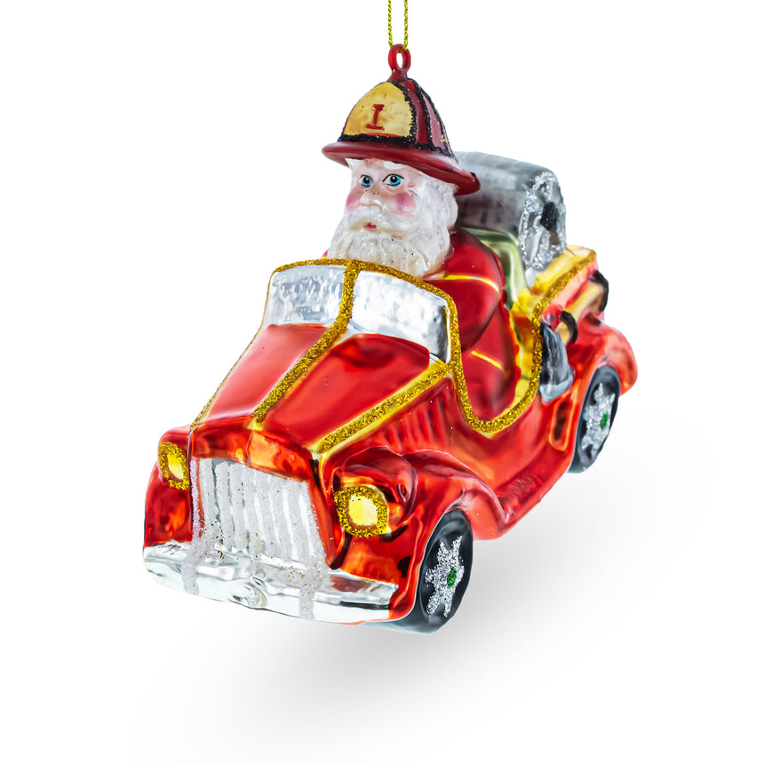 Glass Heroic Santa Firefighter in Fireman Truck Blown Glass Christmas Ornament in Red color