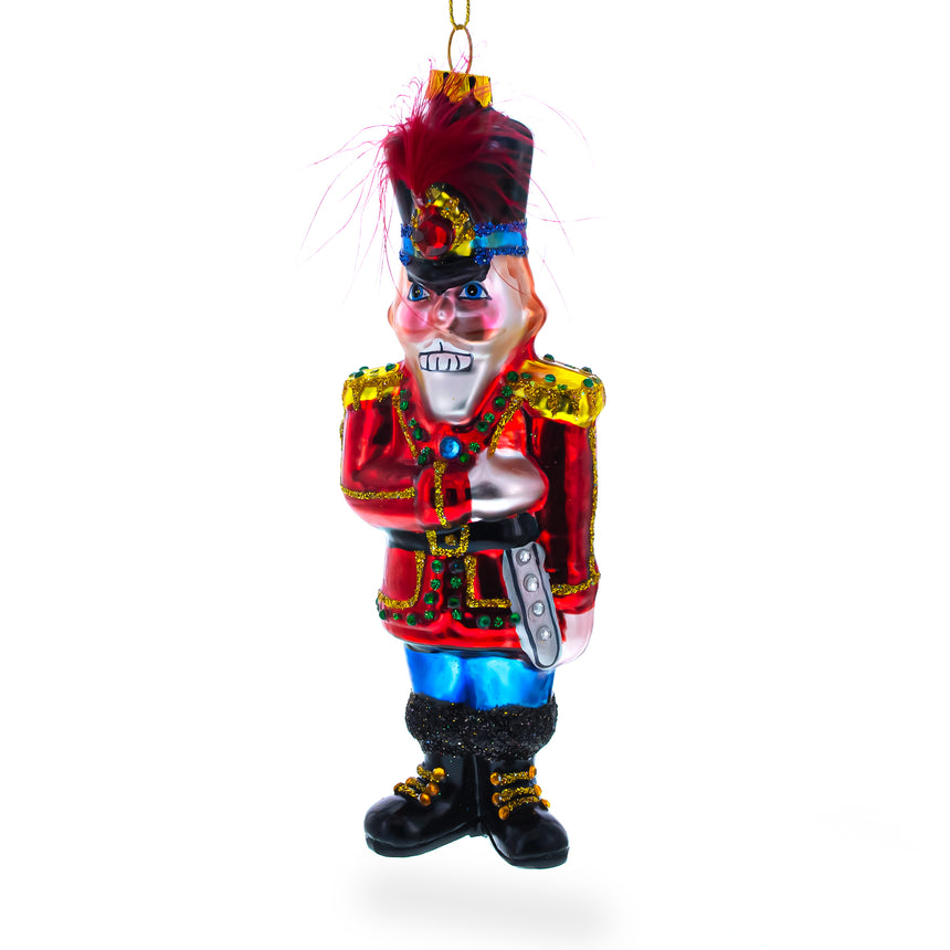 Glass Nutcracker Soldier with Fur Hat Glass Christmas Ornament in Red color