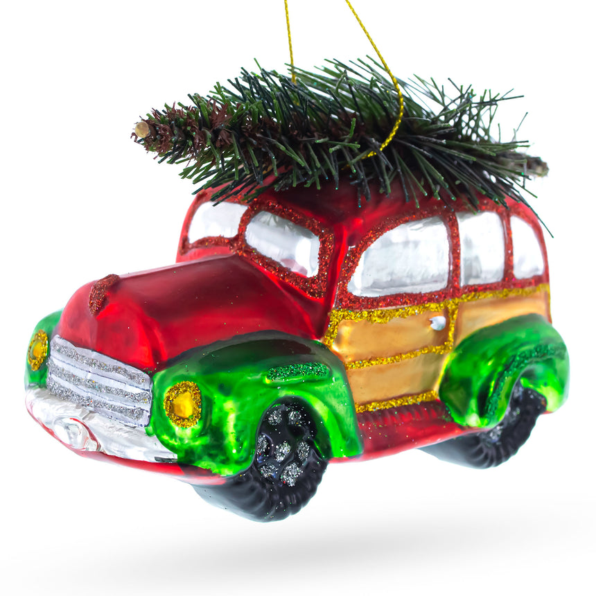 Glass Car Carrying Christmas Tree Blown Glass Ornament in Multi color