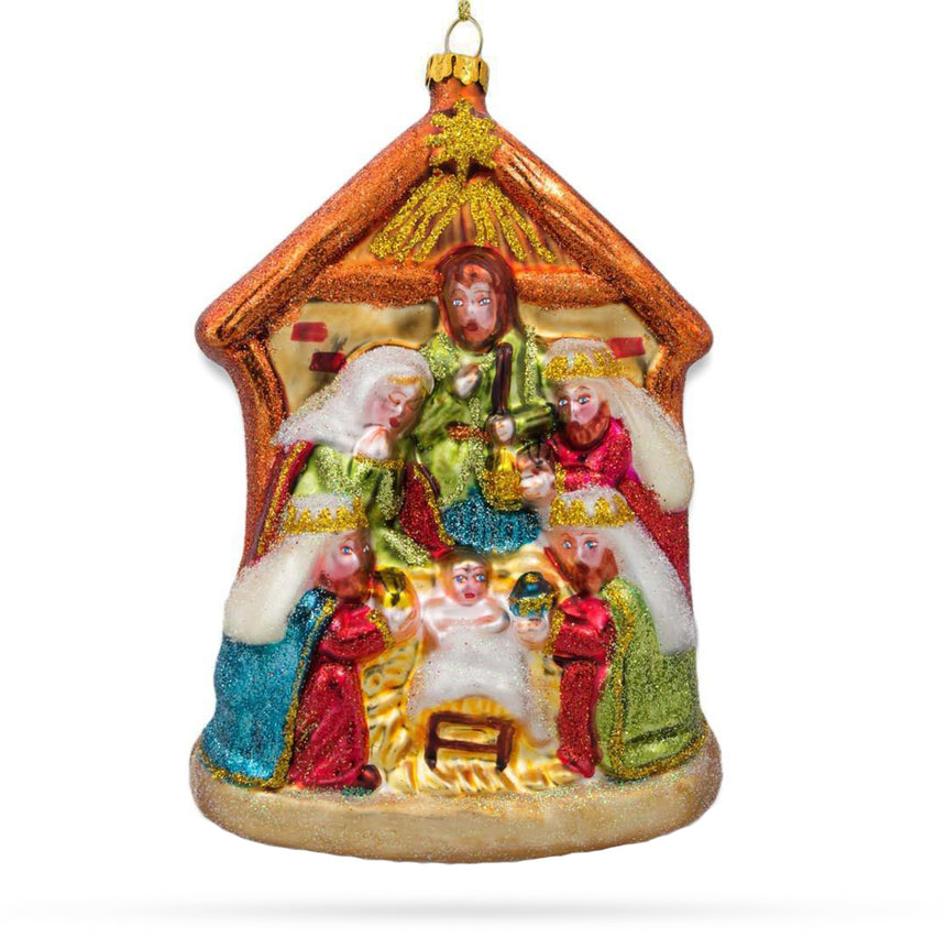 Glass Large Nativity Scene Blown Glass Christmas Ornament in Gold color