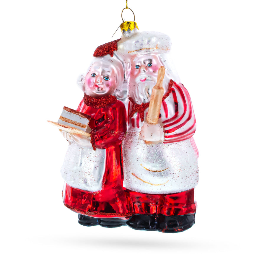 Glass Mr. and Mrs. Santa Baking Cake Blown Glass Christmas Ornament in Red color