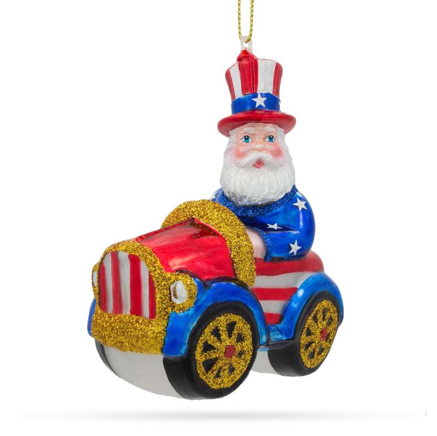 Glass Uncle Sam Santa Driving a Car Blown Glass Christmas Ornament in Multi color