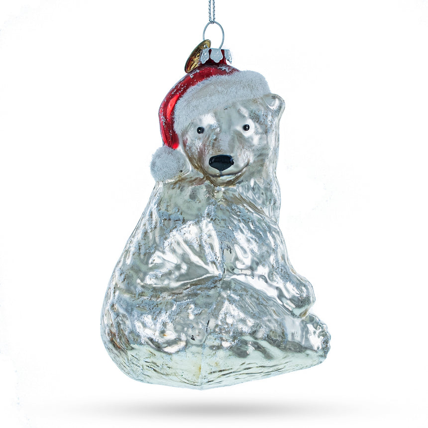 Glass Polar Bear in Santa Hat Glass Christmas Ornament in Silver color