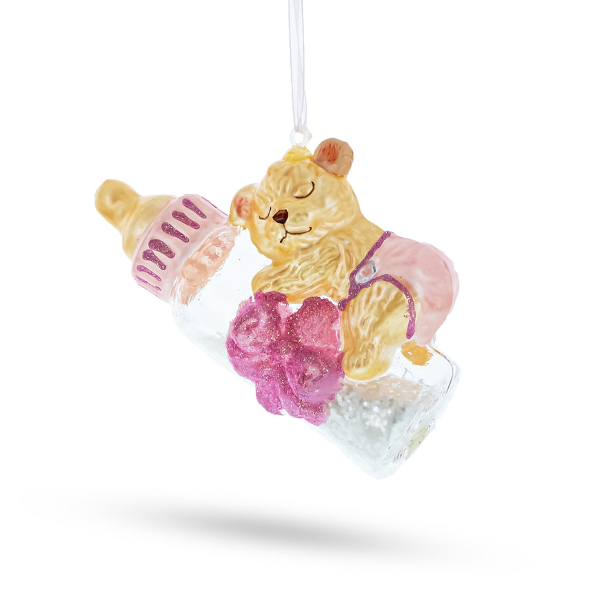 Glass Bear Baby's First Glass Christmas Ornament in Pink color