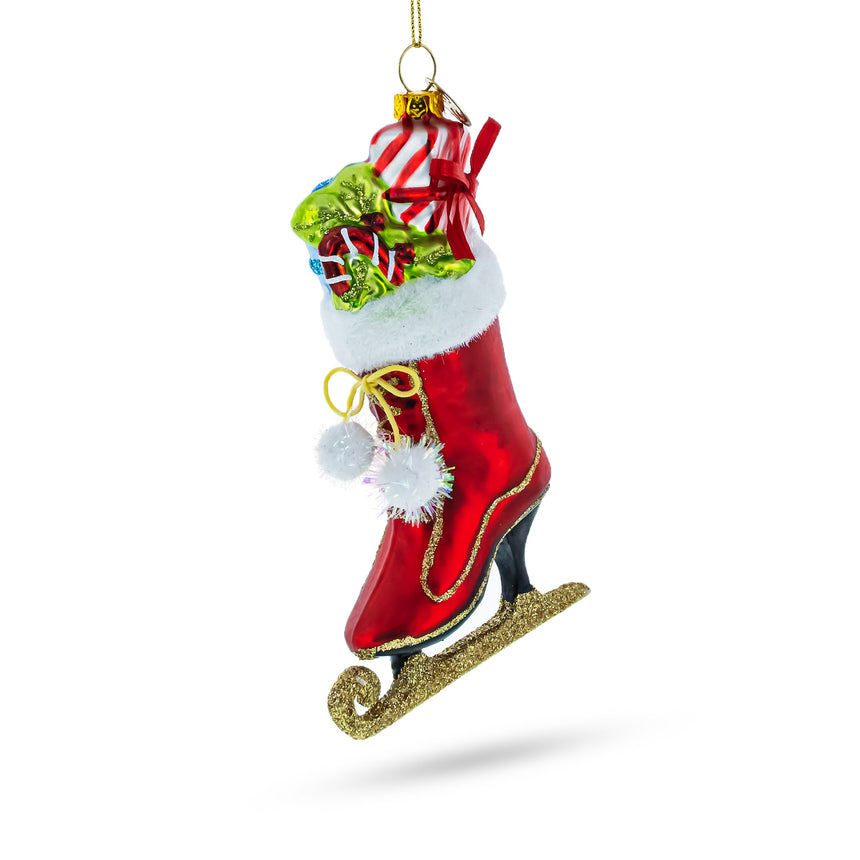 Glass Ice Skate Boot Filled with Gifts Glass Christmas Ornament in Red color