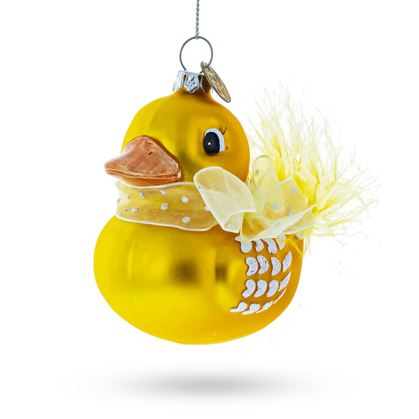 Glass Yellow Duck with Bow Glass Christmas Ornament in Yellow color