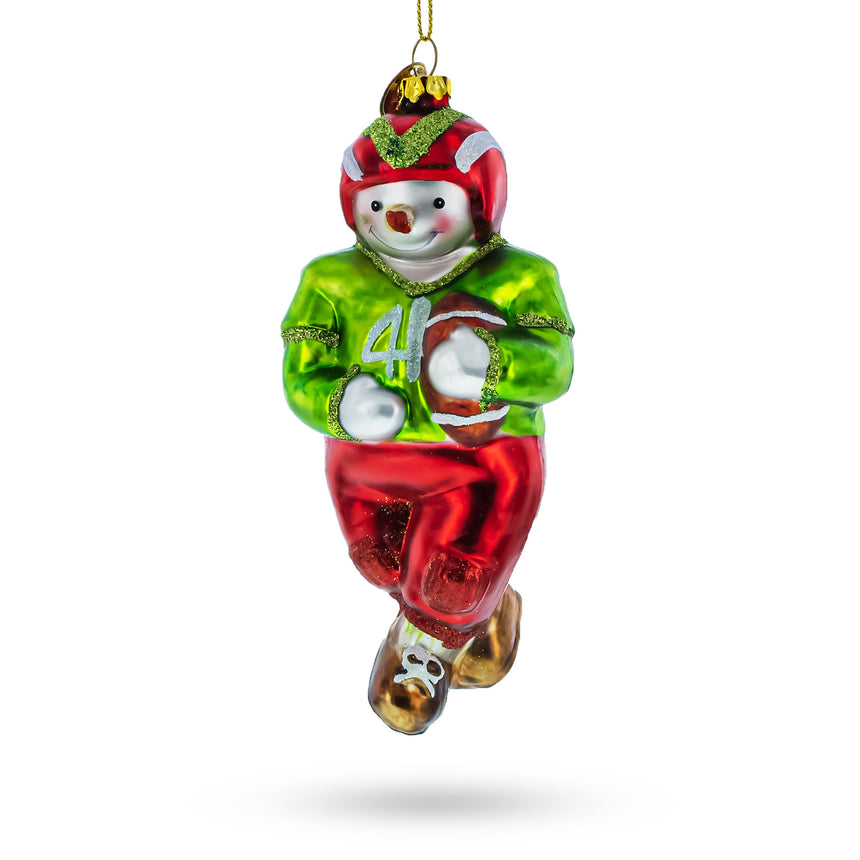 Glass Snowman Playing Football Blown Glass Christmas Ornament in Red color