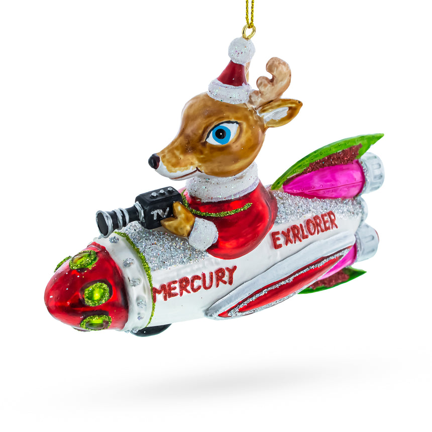 Glass Deer Cameraman Aboard Space Rocket Glass Christmas Ornament in Multi color