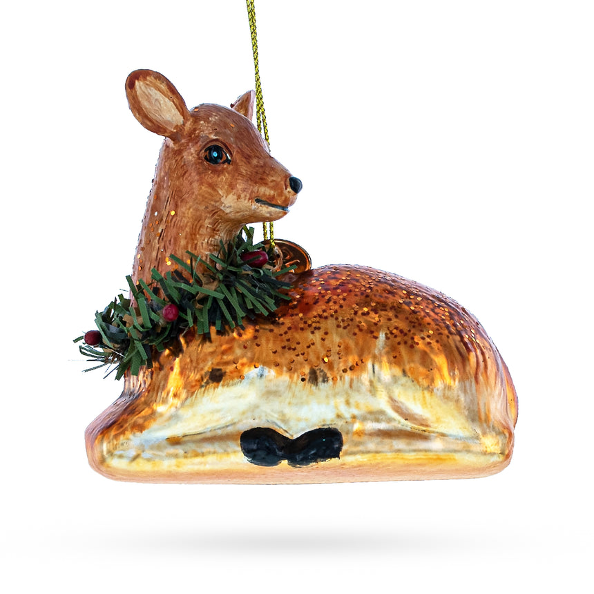 Glass Deer with Wreath Glass Christmas Ornament in Brown color