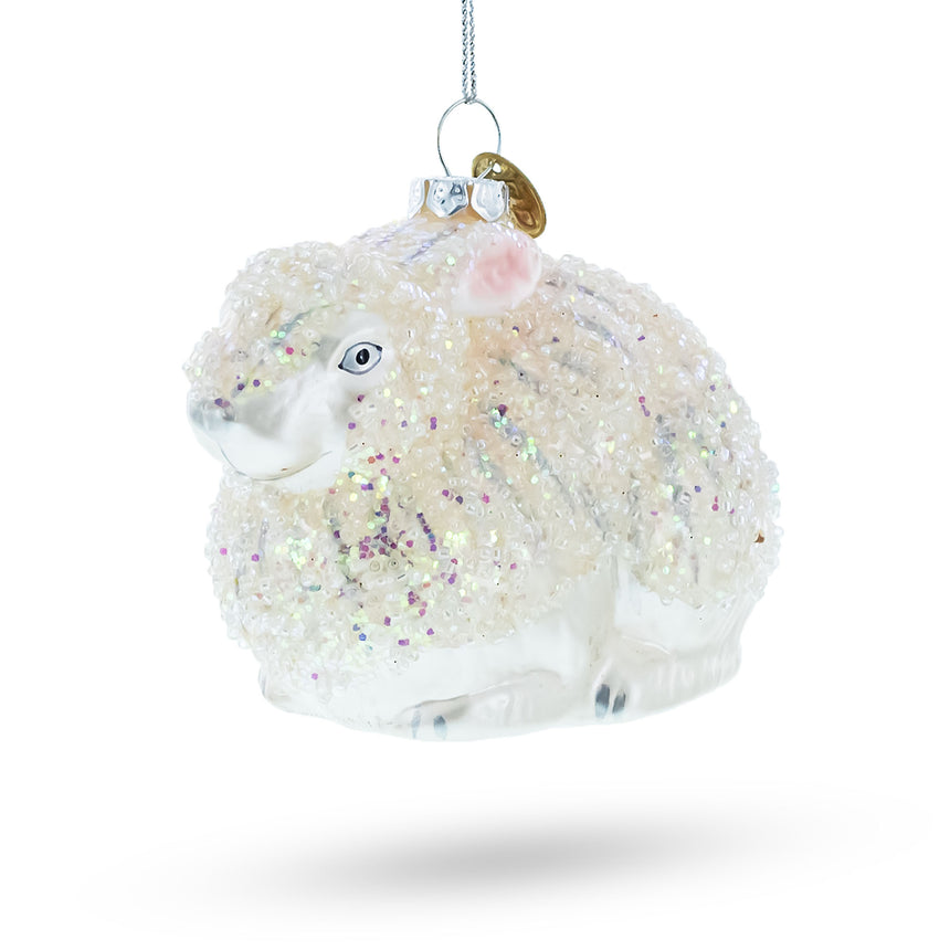 Glass White Sparkling Bunny Blown Glass Christmas Ornament in White color