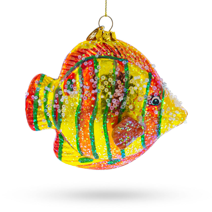 Glass Aquarium Fish Scene Blown Glass Christmas Ornament in Yellow color